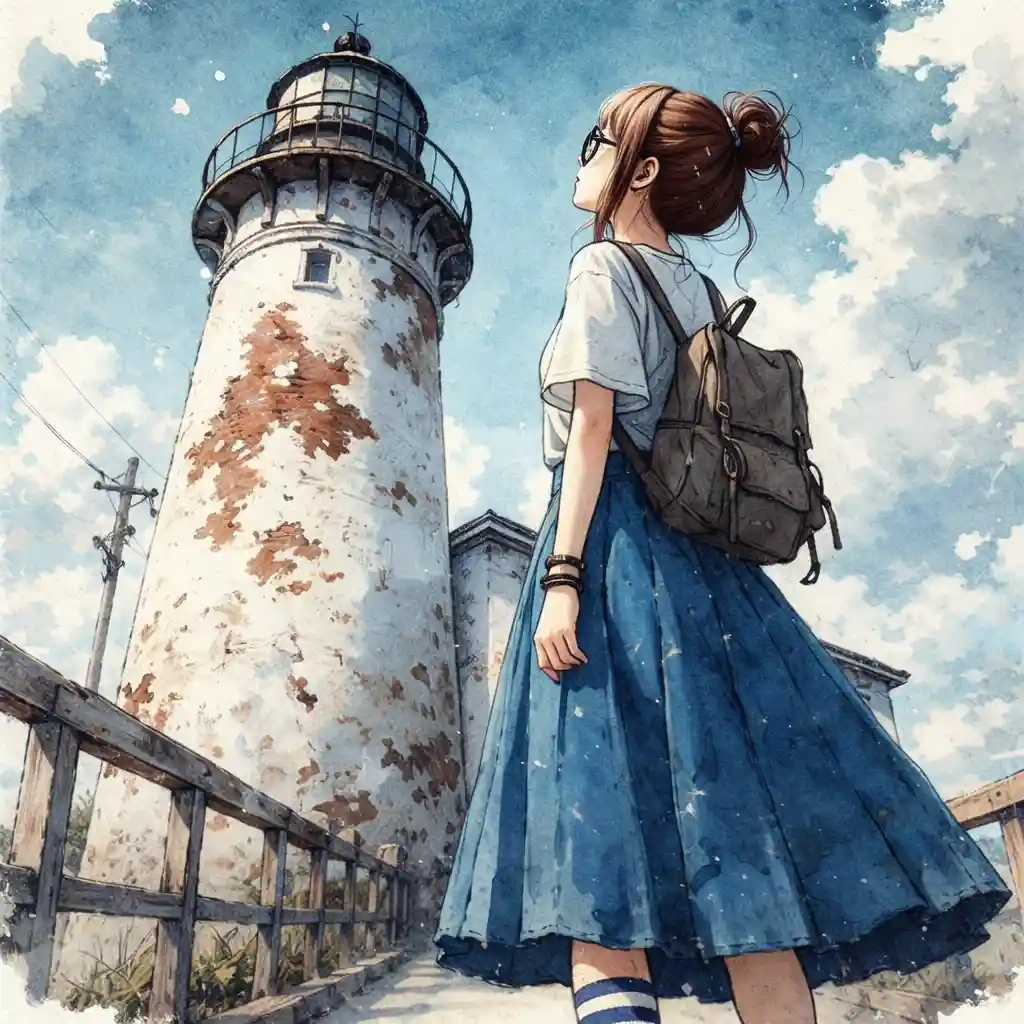 古い灯台を見上げる中学生女子