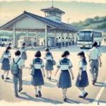 サービスエリアでトイレに向かう中学生たち