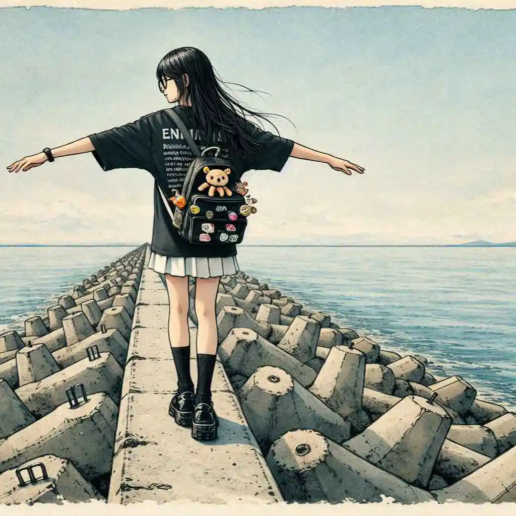 堤防の上を歩く女子