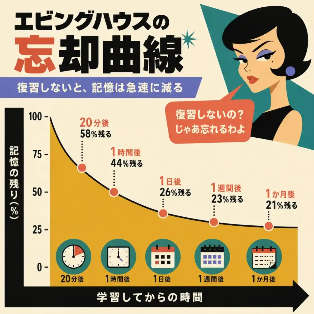 エビングハウスの忘却曲線を、1960年代アメリカアニメ風のスーパーフラットデザインで表したインフォグラフィック。復習しないと記憶が急速に減ることを、時間ごとの記憶の残りで示している。