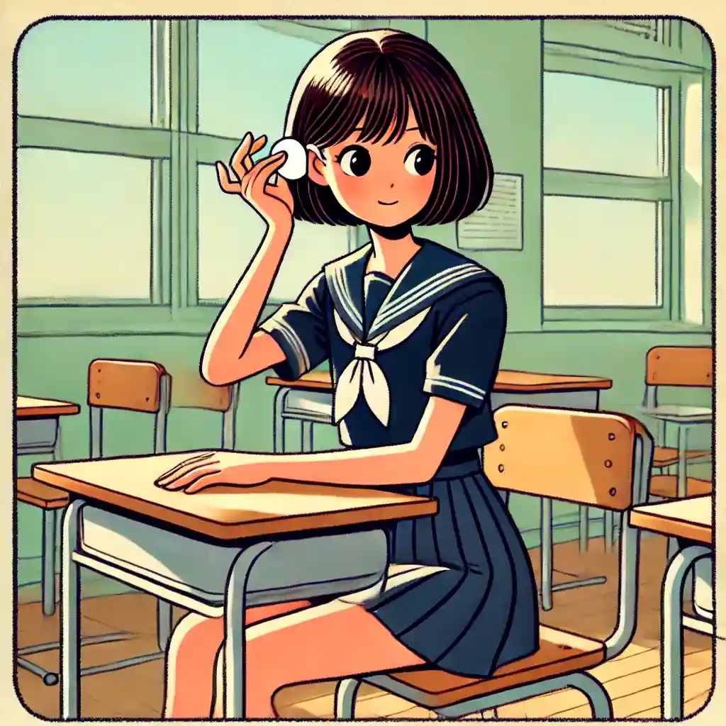 耳の後ろを冷やしている中学生女子