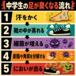汗をかくと靴の中が蒸れ、細菌が増え、皮脂や角質を分解することでにおいが発生する流れを、5ステップでわかりやすく整理したインフォグラフィック。60年代アメリカアニメ風のレトロで大人っぽい雰囲気に、少し意地悪そうな細菌キャラクターを加え、原因の連鎖がひと目で伝わるデザインにしました。主線を抑えたスーパーフラットな表現で、強い色面とコントラストを使い、ポスターのように視認性高くまとめています。