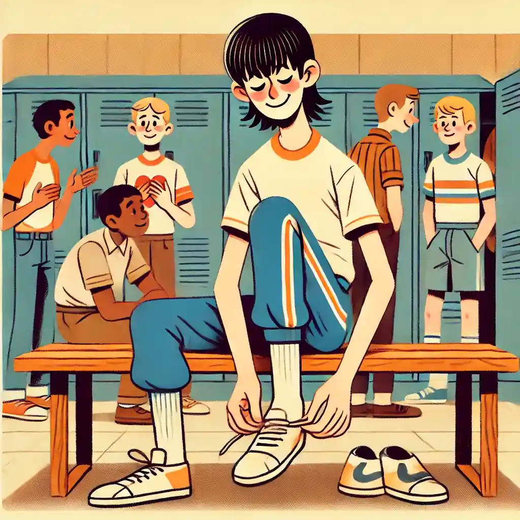 更衣室で靴を脱ぐ中学生男子