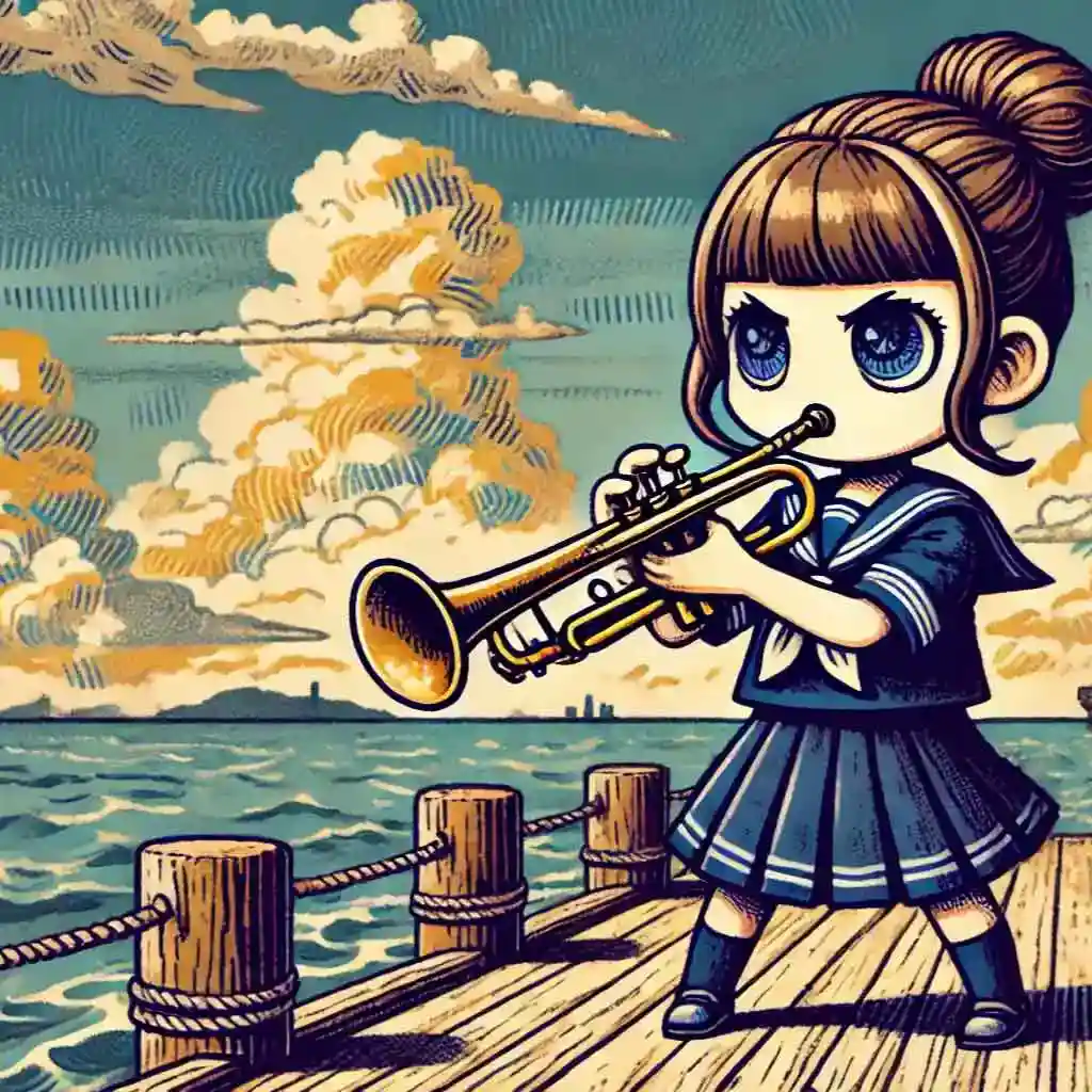 桟橋でトランペットをふく女子