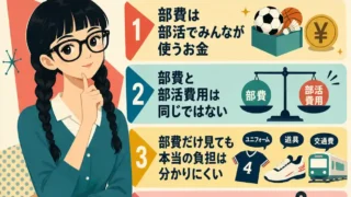 部活の部費ってなに？という見出しのインフォグラフィック。三つ編みでメガネの女子生徒が考えるポーズをしながら、部費はみんなで使うお金、部費と部活費用は別、部費だけでは本当の負担は分かりにくい、分からないまま払わなくていい、の4点を説明している。