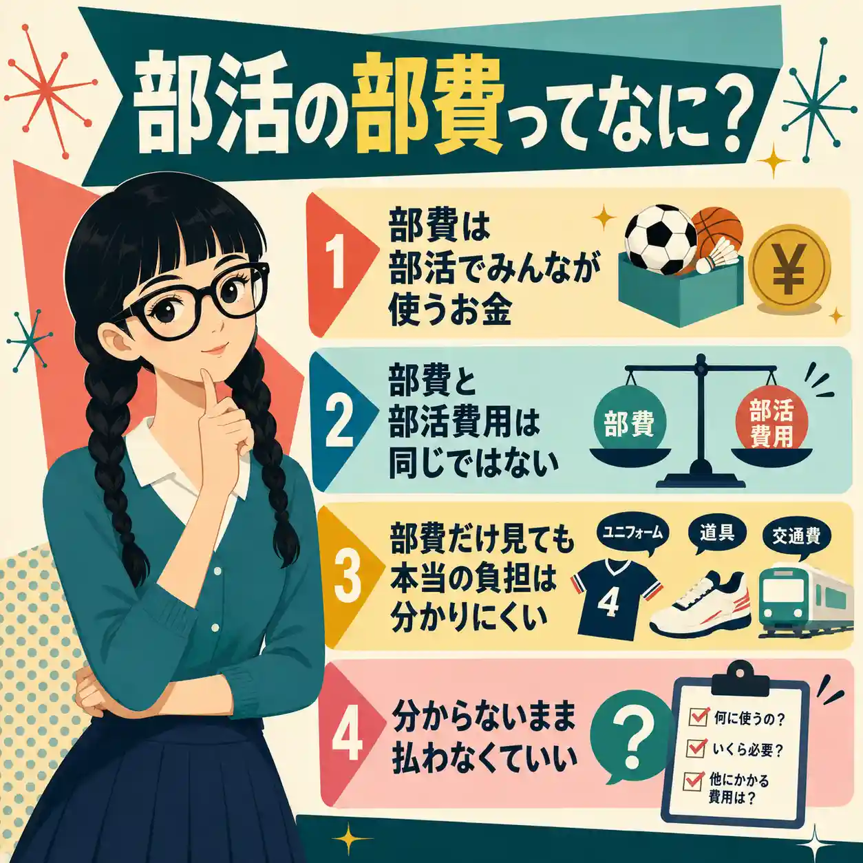 部活の部費ってなに?という見出しのインフォグラフィック。三つ編みでメガネの女子生徒が考えるポーズをしながら、部費はみんなで使うお金、部費と部活費用は別、部費だけでは本当の負担は分かりにくい、分からないまま払わなくていい、の4点を説明している。