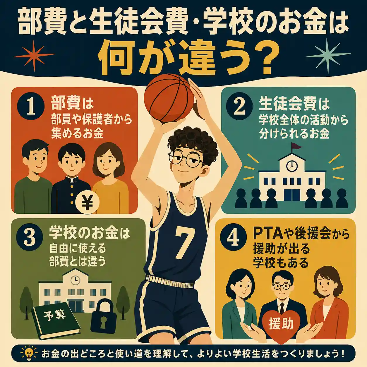 部費と生徒会費・学校のお金の違いを説明するインフォグラフィック。バスケットボールをシュートする男子生徒のまわりに、部費は部員や保護者から集めるお金、生徒会費は学校全体の活動費、学校のお金は自由に使えないこと、PTAや後援会の援助がある場合を示している。