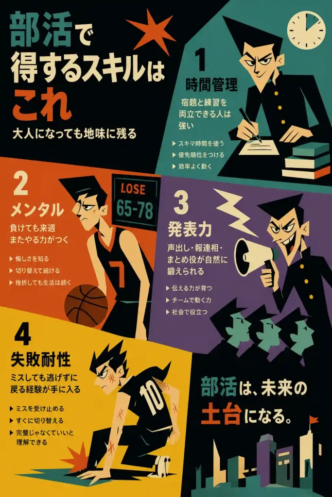 部活で身につくスキルをテーマにしたレトロ風インフォグラフィック。時間管理・メンタル・発表力・失敗耐性の4要素を、鋭い表情のキャラクターと幾何学的な配色で分かりやすく表現している。 