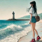 波打ち際を歩く中学生女子