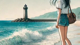 波打ち際を歩く中学生女子