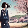 校庭の桜の木下の女子