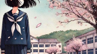 校庭の桜の木下の女子