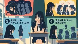 教室で一人きりの女子生徒を中心に、人に話しかけるのが怖い理由を4つのポイントで示したインフォグラフィック