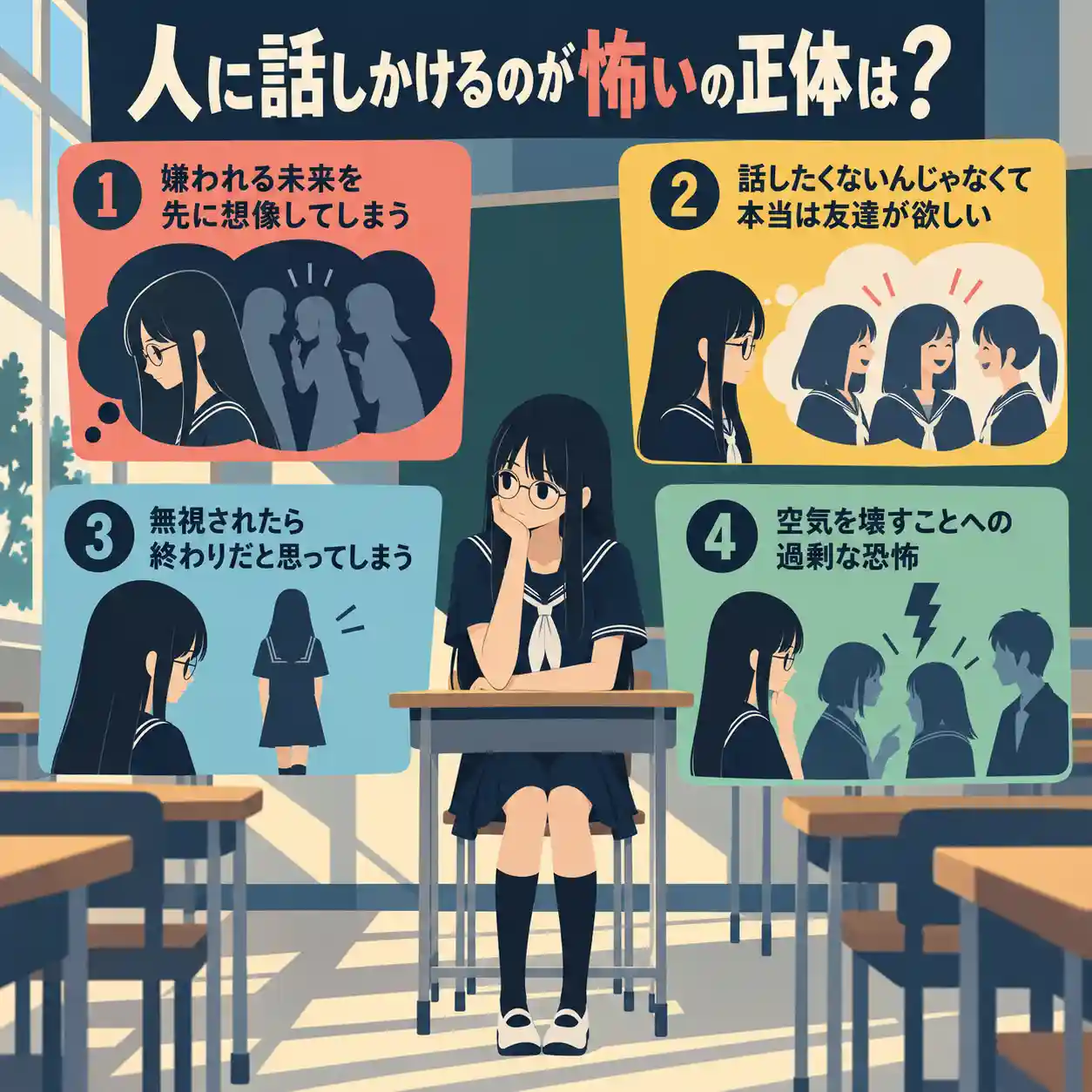 教室で一人きりの女子生徒を中心に、人に話しかけるのが怖い理由を4つのポイントで示したインフォグラフィック