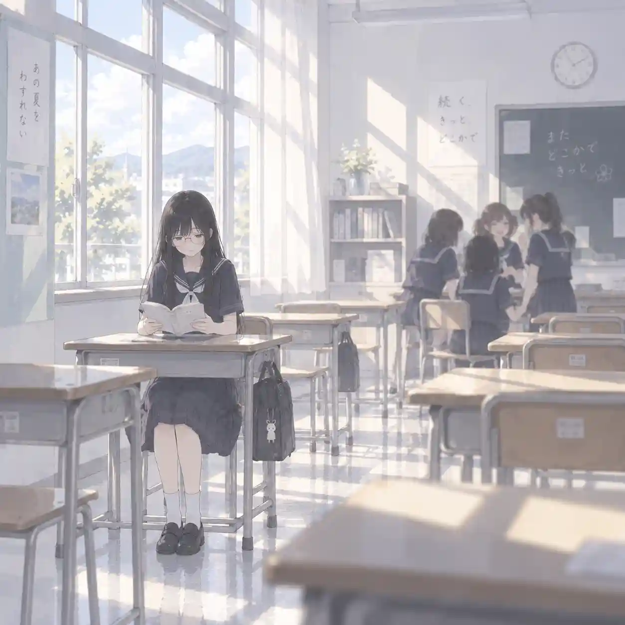 クラスメイトと離れて一人本を読む女子