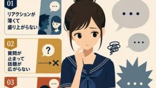 会話が続かない人の特徴を、引っ込み思案な女子中学生と3つの原因でまとめたインフォグラフィック