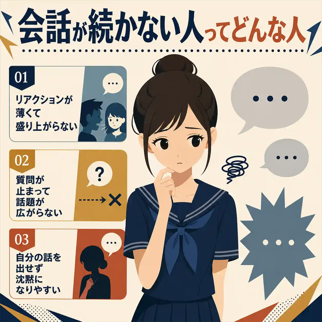 会話が続かない人の特徴を、引っ込み思案な女子中学生と3つの原因でまとめたインフォグラフィック
