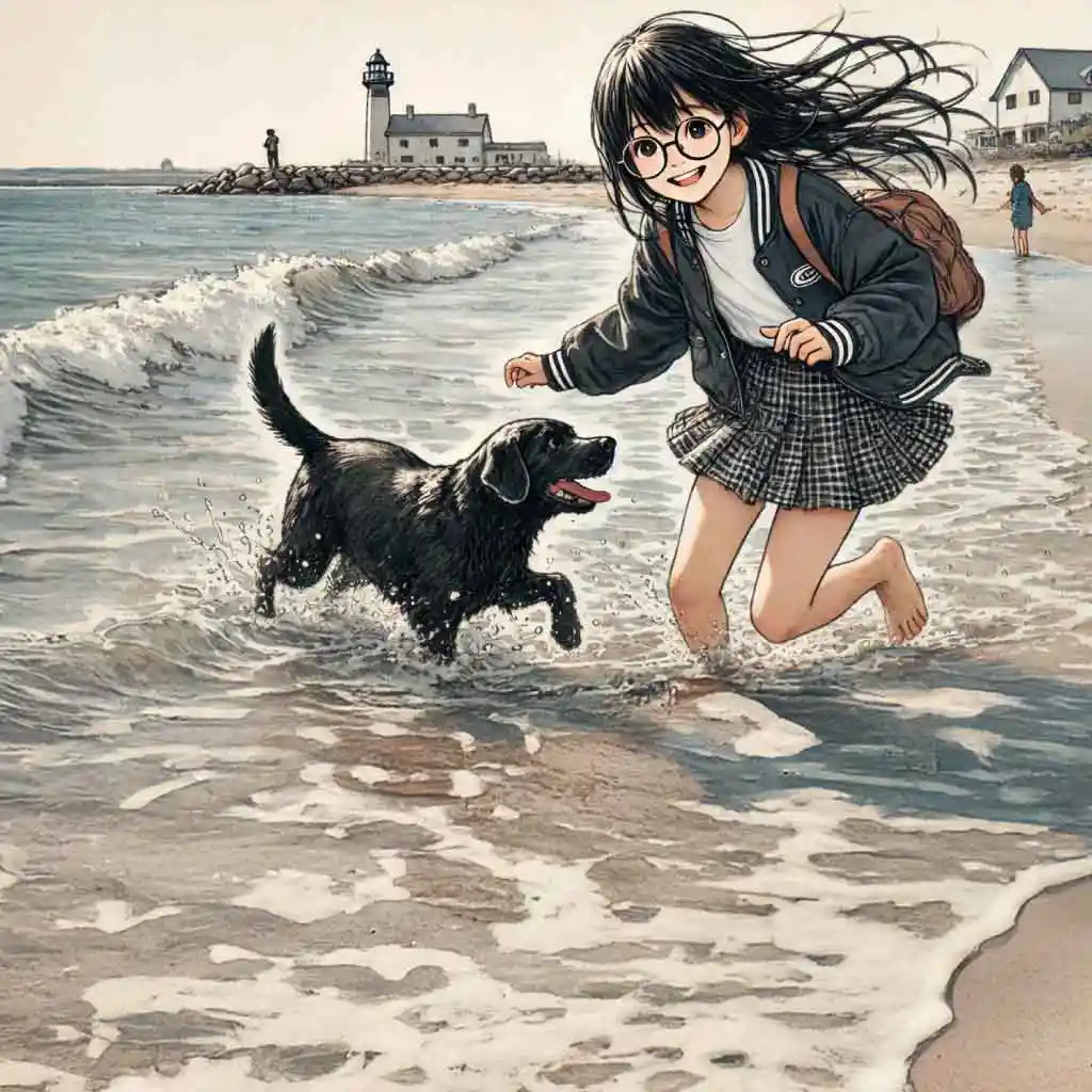 波打ち際 飼い犬と遊ぶ女子