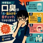 中学生の口臭対策を紹介するインフォグラフィック。 三つ編みでメガネの女子中学生が口を手で隠し、水を飲む、給食後に口をゆすぐ、舌をやさしく確認する、歯医者に相談するという4つの対策を示している。