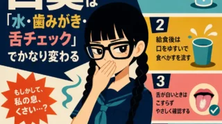 中学生の口臭対策を紹介するインフォグラフィック。 三つ編みでメガネの女子中学生が口を手で隠し、水を飲む、給食後に口をゆすぐ、舌をやさしく確認する、歯医者に相談するという4つの対策を示している。