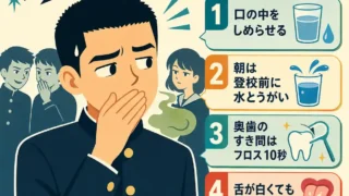 口臭を気にして口元を押さえるクルーカットの男子生徒と、口臭対策4つを示したレトロ調の正方形インフォグラフィック。水分補給、登校前の水とうがい、奥歯のフロス、舌を落としすぎないこと、ガムやタブレットの活用を紹介している。