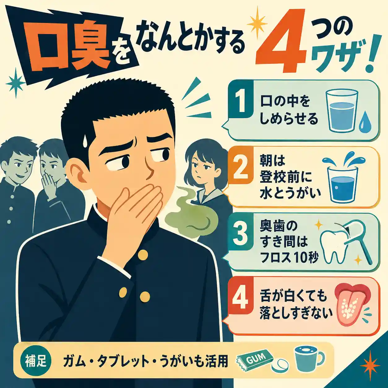 口臭を気にして口元を押さえるクルーカットの男子生徒と、口臭対策4つを示したレトロ調の正方形インフォグラフィック。水分補給、登校前の水とうがい、奥歯のフロス、舌を落としすぎないこと、ガムやタブレットの活用を紹介している。