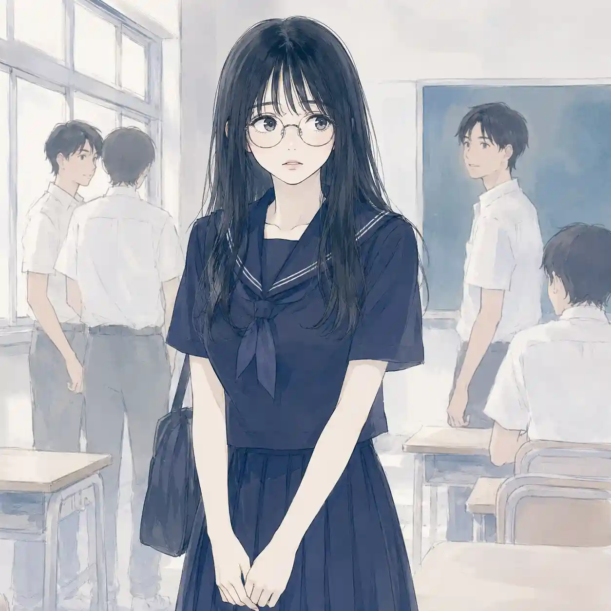 初めての教室で不安げな女子