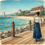 夏休み　リゾートのボードウォークを歩く中学生女子