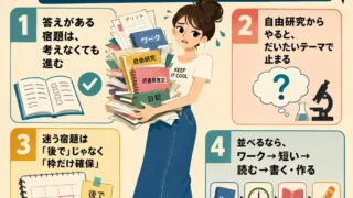夏休みの宿題を効率よく進める順番を説明した正方形の日本語インフォグラフィック。中央には、大量のプリントやノートを抱えて困った表情をした若い女性が立っている。周囲に「答えがある宿題から進める」「自由研究はテーマで止まりやすい」「迷う宿題は枠だけ確保」「ワーク→短い→読む→書く・作る」の4つのポイントが、番号付きの枠とアイコンで整理されている。1960年代アメリカアニメ風のフラットでレトロな配色。