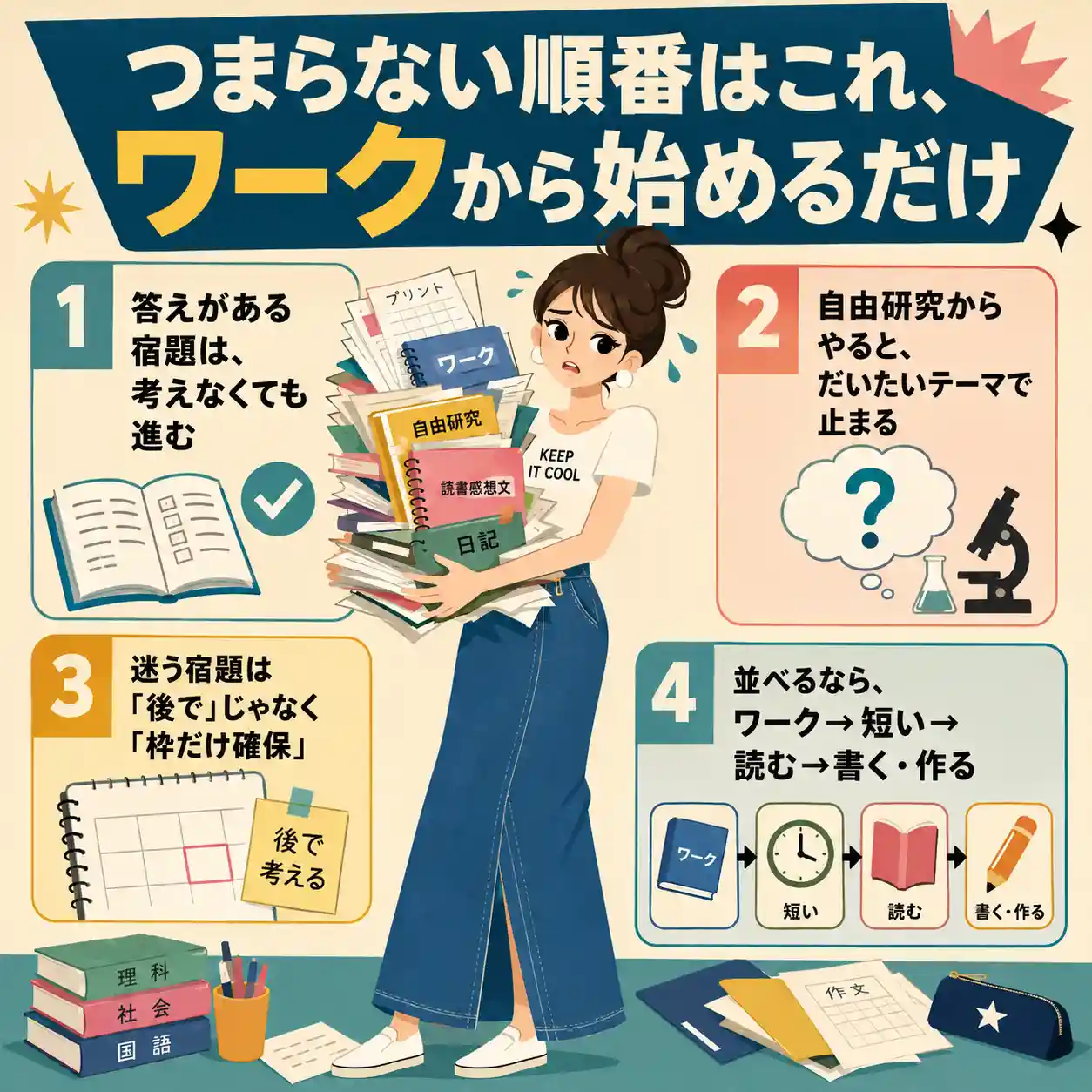 夏休みの宿題を効率よく進める順番を説明した正方形の日本語インフォグラフィック。中央には、大量のプリントやノートを抱えて困った表情をした若い女性が立っている。周囲に「答えがある宿題から進める」「自由研究はテーマで止まりやすい」「迷う宿題は枠だけ確保」「ワーク→短い→読む→書く・作る」の4つのポイントが、番号付きの枠とアイコンで整理されている。1960年代アメリカアニメ風のフラットでレトロな配色。