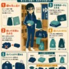 大浴場の更衣室で着替えを整理する方法をまとめたインフォグラフィック。袋を先に出す、脱いだ衣類を丸める、不透明ポーチに入れる、濡れものと分ける、カバンをすぐ閉める手順を、女の子のイラストとともに分かりやすく紹介している。