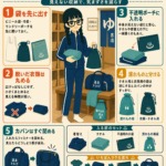 大浴場の更衣室で着替えを整理する方法をまとめたインフォグラフィック。袋を先に出す、脱いだ衣類を丸める、不透明ポーチに入れる、濡れものと分ける、カバンをすぐ閉める手順を、女の子のイラストとともに分かりやすく紹介している。