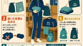 大浴場の更衣室で着替えを整理する方法をまとめたインフォグラフィック。袋を先に出す、脱いだ衣類を丸める、不透明ポーチに入れる、濡れものと分ける、カバンをすぐ閉める手順を、女の子のイラストとともに分かりやすく紹介している。
