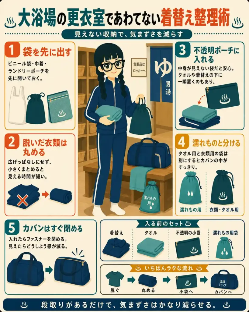 大浴場の更衣室で着替えを整理する方法をまとめたインフォグラフィック。袋を先に出す、脱いだ衣類を丸める、不透明ポーチに入れる、濡れものと分ける、カバンをすぐ閉める手順を、女の子のイラストとともに分かりやすく紹介している。