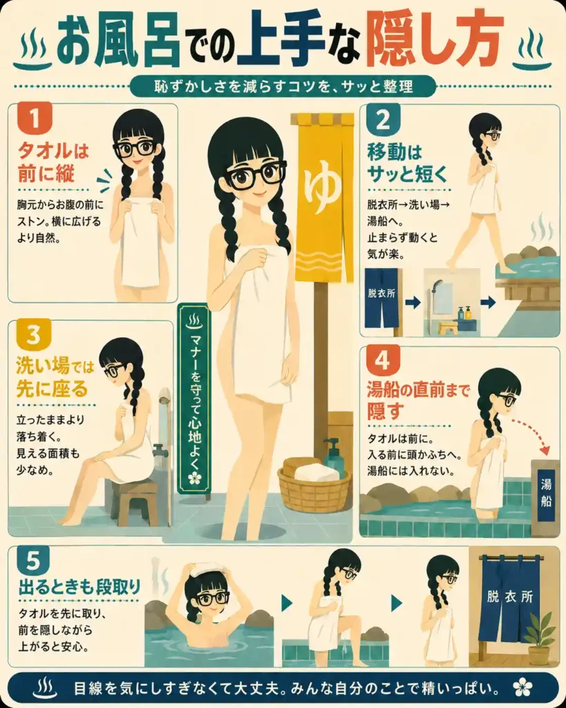 お風呂で体を隠すコツをまとめたインフォグラフィック。タオルを前に縦に持つ、移動を短くする、洗い場で先に座る、湯船の直前まで隠す、出るときの段取りを、女の子のイラストで分かりやすく紹介している。