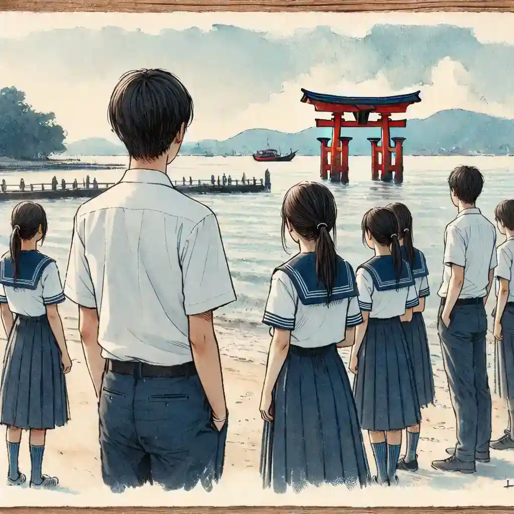 安芸の宮島　見学する中学生