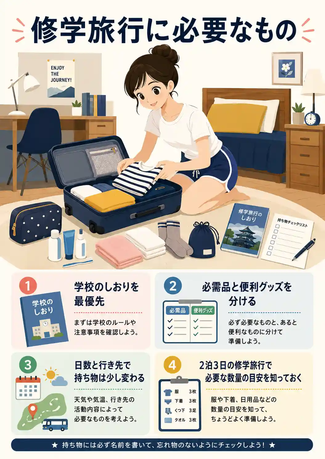 修学旅行の持ち物を準備する女子と、しおり優先・必需品整理・日数別準備をまとめたインフォグラフィック