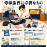 修学旅行の持ち物を準備する女子と、しおり優先・必需品整理・日数別準備をまとめたインフォグラフィック