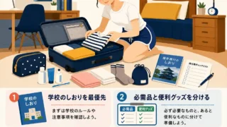 修学旅行の持ち物を準備する女子と、しおり優先・必需品整理・日数別準備をまとめたインフォグラフィック