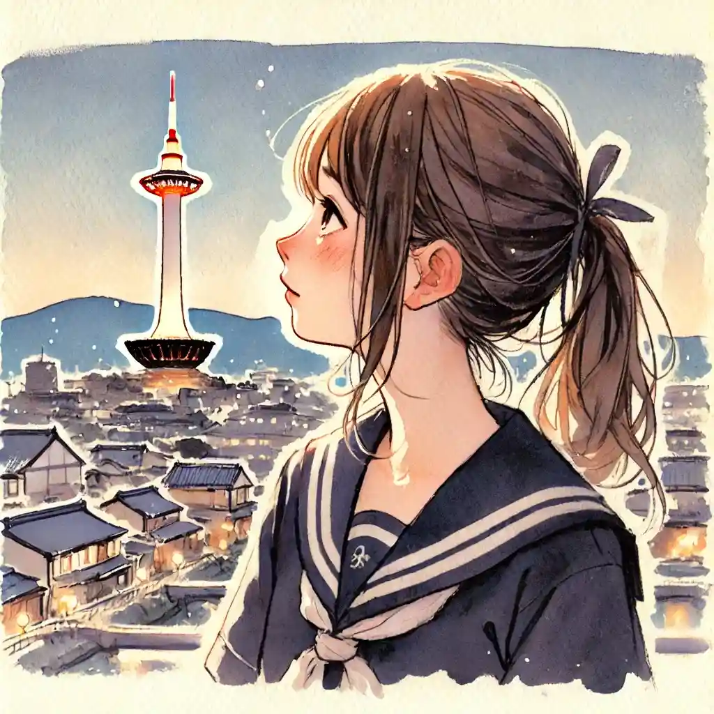 京都タワーを見ている中学生女子
