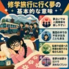 修学旅行に行く夢の意味を解説する正方形インフォグラフィック。ベッドで眠る三つ編み眼鏡の女性と、修学旅行の夢の場面、4つの要点が描かれている。