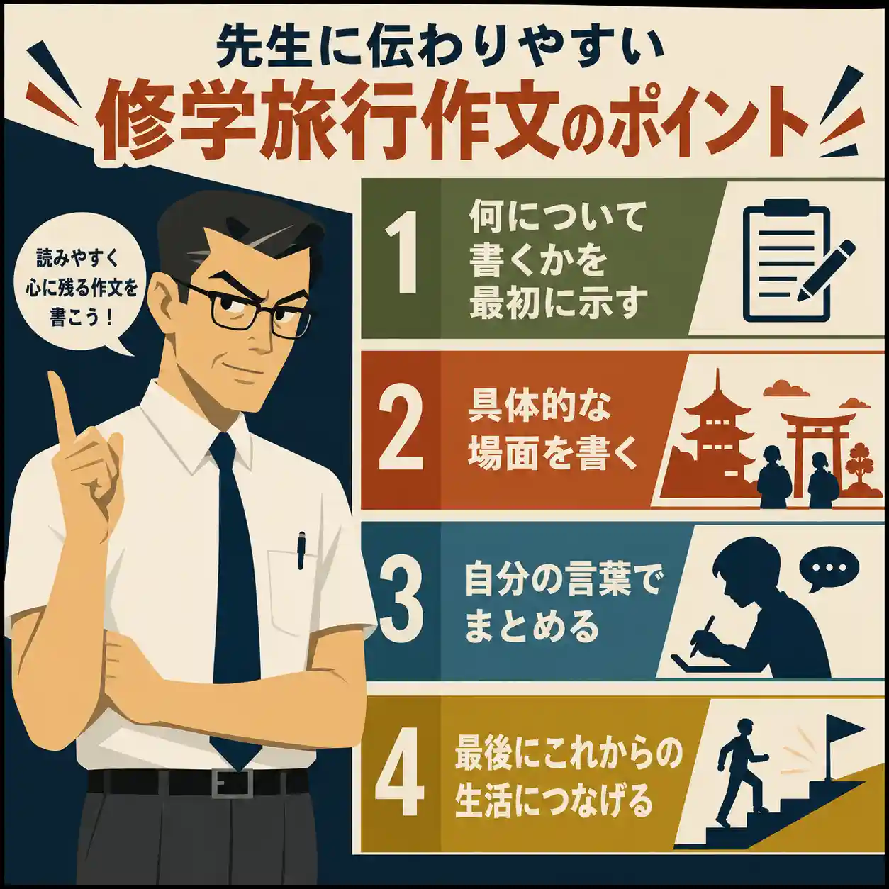 修学旅行作文の書き方として、テーマを最初に示す、具体的な場面を書く、自分の言葉でまとめる、生活につなげるポイントを男性教諭とともに示したレトロ調インフォグラフィック。
