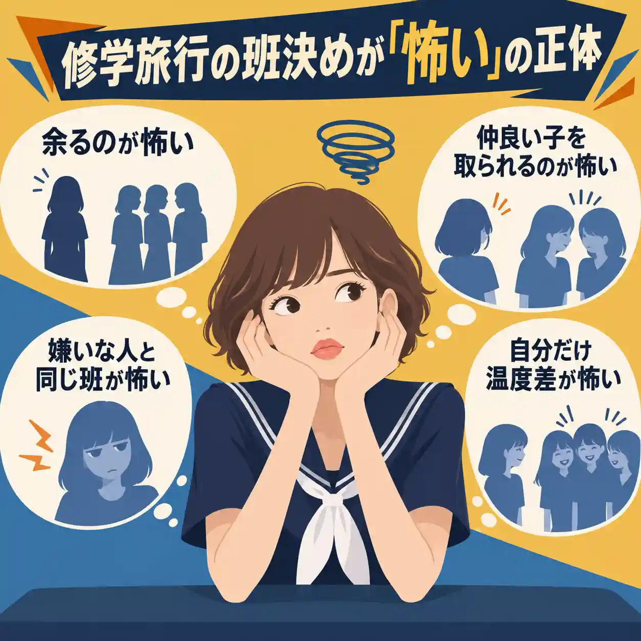 修学旅行の班決めで、一人になる不安や仲の良い友達を取られる怖さを抱える茶髪の女子中学生を描いたイラスト。