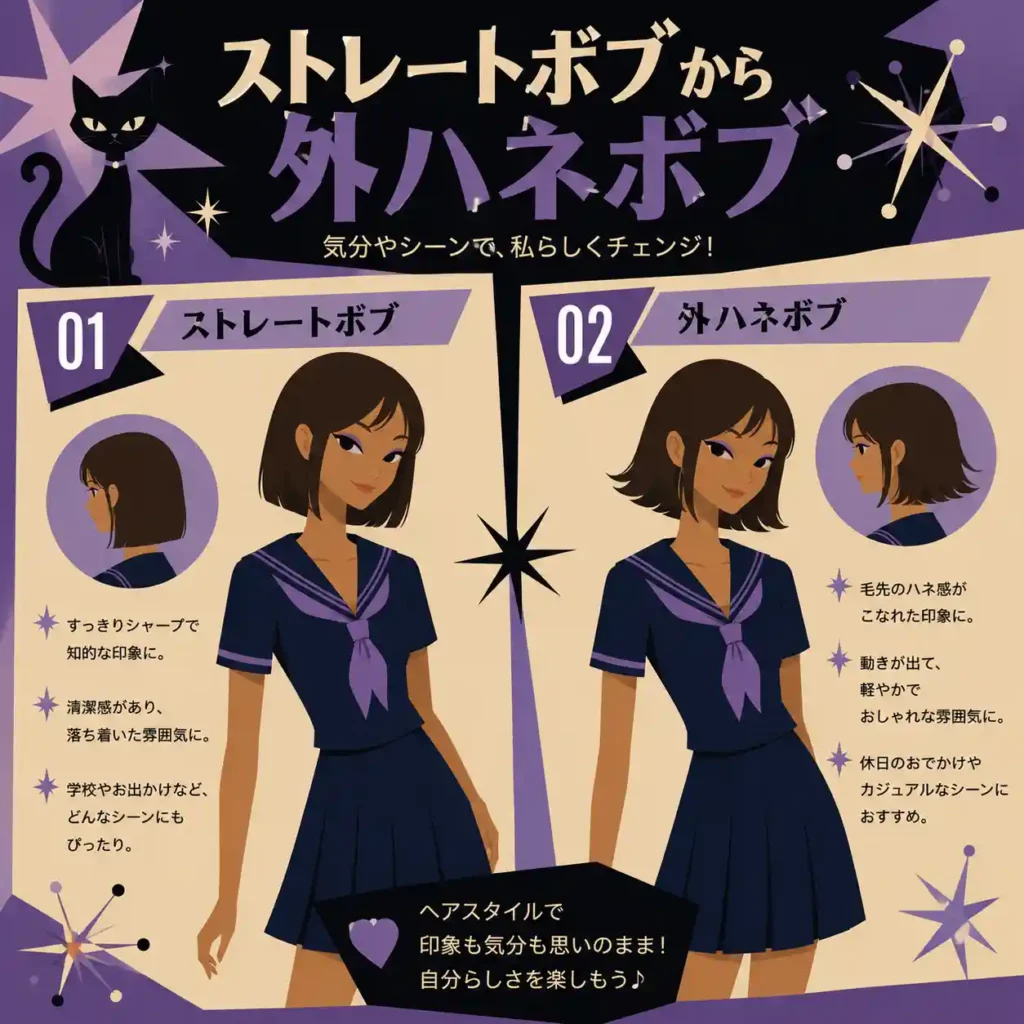 ストレートボブと外ハネボブを比較したレトロ風インフォグラフィック。濃紺の夏用セーラー服を着たダークブラウン髪の女子生徒が、落ち着いたストレートボブと軽やかな外ハネボブを披露している。紫とクリーム色を基調に、60年代アメリカアニメ風の星形モチーフや黒猫を配置したスーパーフラットデザイン。