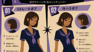 ストレートボブと外ハネボブを比較したレトロ風インフォグラフィック。濃紺の夏用セーラー服を着たダークブラウン髪の女子生徒が、落ち着いたストレートボブと軽やかな外ハネボブを披露している。紫とクリーム色を基調に、60年代アメリカアニメ風の星形モチーフや黒猫を配置したスーパーフラットデザイン。