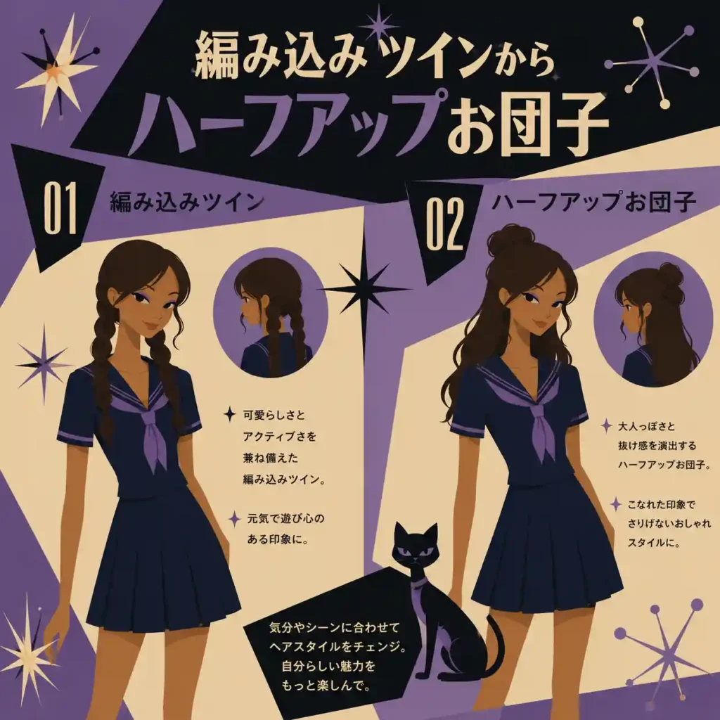 編み込みツインとハーフアップお団子の二つの髪型を比較した、レトロアメリカン風インフォグラフィック。濃紺のセーラー服を着たダークブラウン髪の女子生徒が、それぞれのヘアアレンジを見せている。紫とクリーム色を基調にしたスーパーフラットデザインで、60年代アニメ風の星形モチーフや黒猫イラストが配置されている。