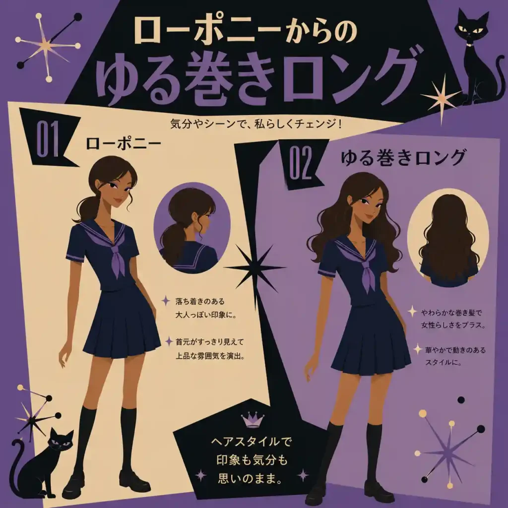 ローポニーとゆる巻きロングの二つの髪型を比較したレトロ風インフォグラフィック。濃紺の夏用セーラー服を着たダークブラウン髪の女子生徒が、それぞれ落ち着いたローポニーと華やかなゆる巻きロングを披露している。紫とクリーム色を基調に、60年代アメリカアニメ風の星形モチーフや黒猫を配置したスーパーフラットデザイン。