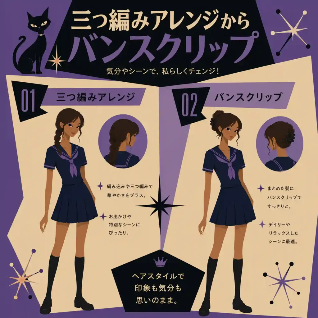 三つ編みアレンジとバンスクリップの二つの髪型を比較したレトロ風インフォグラフィック。濃紺の夏用セーラー服を着たダークブラウン髪の女子生徒が、華やかな三つ編みアレンジと大人っぽいバンスクリップスタイルを披露している。紫とクリーム色を基調に、60年代アメリカアニメ風の星形モチーフや黒猫を配置したスーパーフラットデザイン。