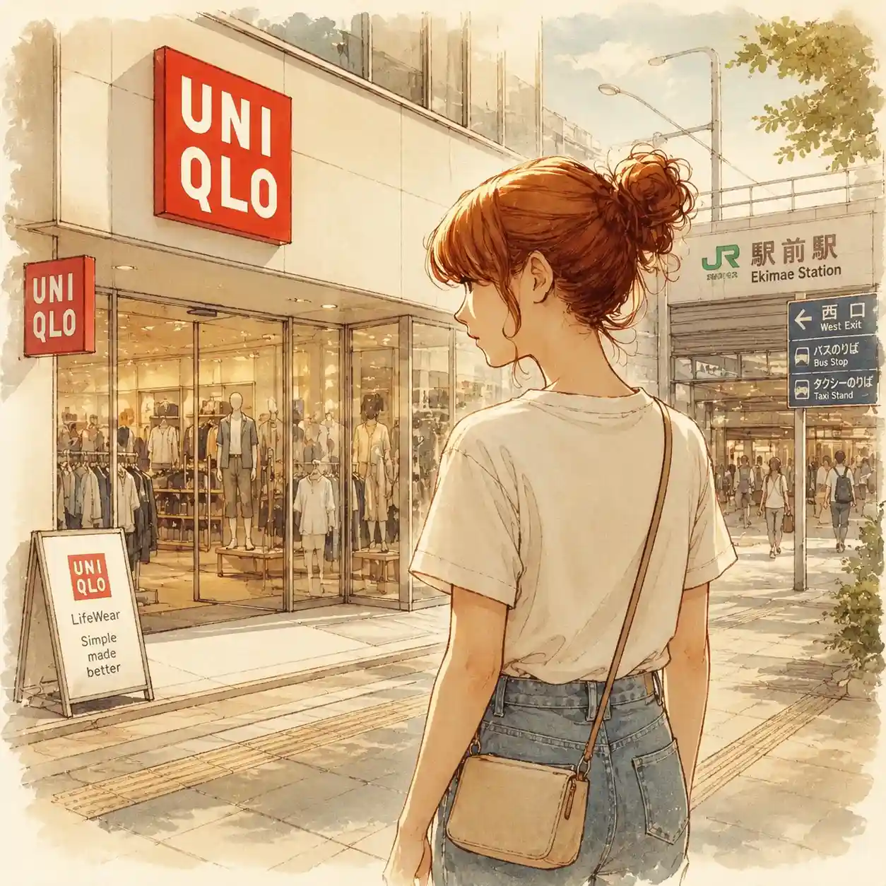 駅前のユニクロに行く女子