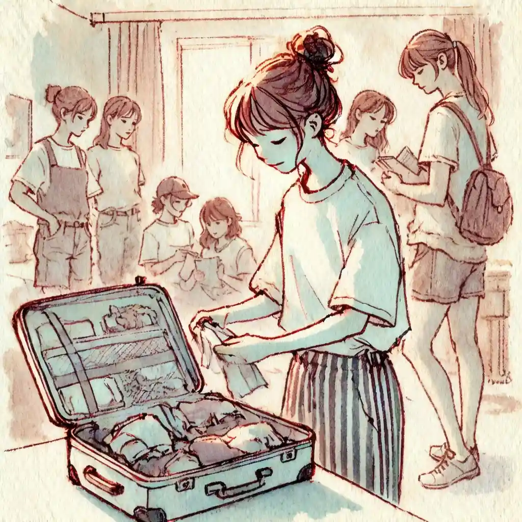 持ってきたスーツケースを整理している中学生女子